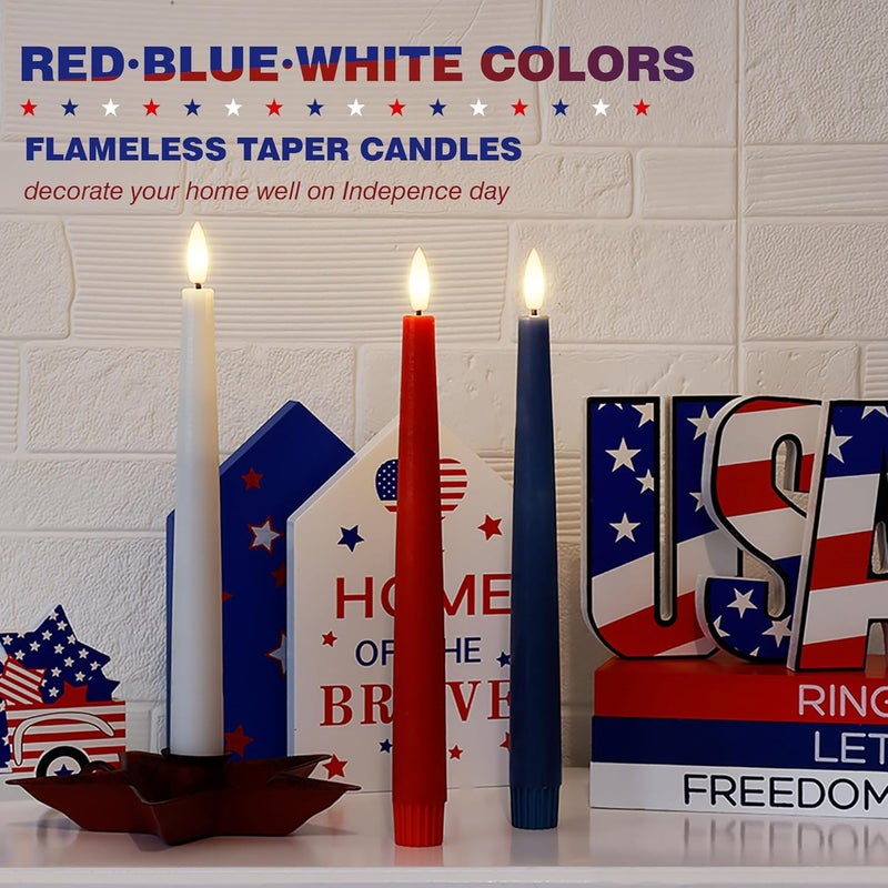 AFINETH Patriotic Flameless Taper Candles With 3D Wick - 9.6" Real Wax Red White and Blue With Remote and Timer - 4th of July LED Battery Operated Fake Candles, 3 Pack - Image 4